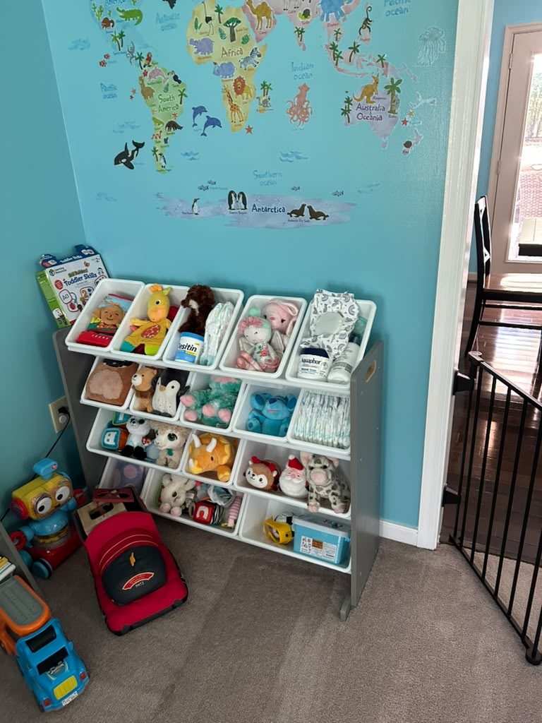 Organized children's toy shelf with labeled storage bins